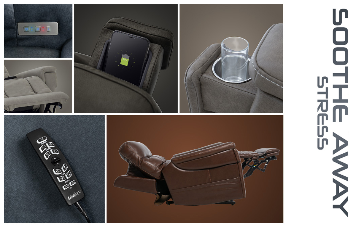 Pride Mobility VivaLift Ultra PLR-4955 power lift chair recliner features, remote, wireless charging, cup holder and reclined position